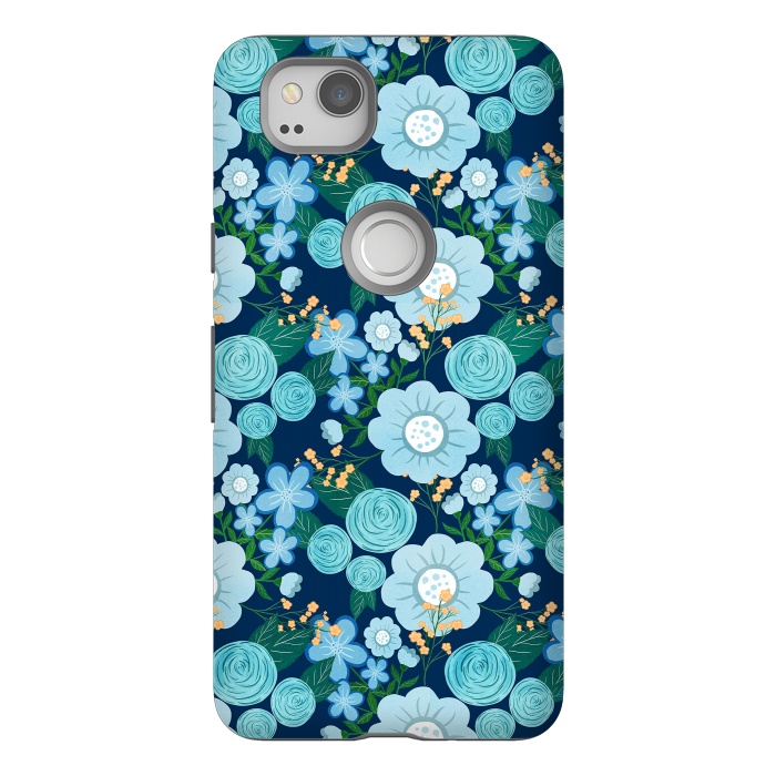 Pixel 2 StrongFit Cute Girly Blue Hand Drawn Flowers Pattern by InovArts