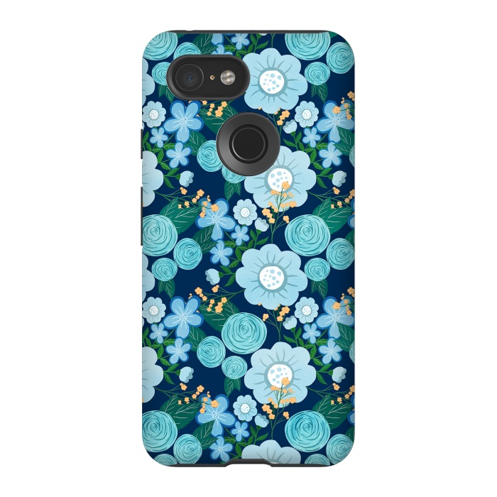 Pixel 3 StrongFit Cute Girly Blue Hand Drawn Flowers Pattern by InovArts