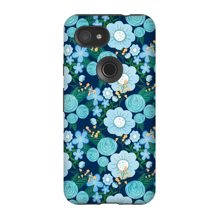Pixel 3A StrongFit Cute Girly Blue Hand Drawn Flowers Pattern by InovArts