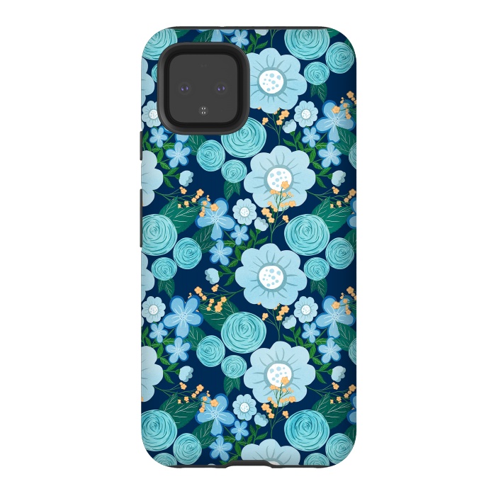 Pixel 4 StrongFit Cute Girly Blue Hand Drawn Flowers Pattern by InovArts