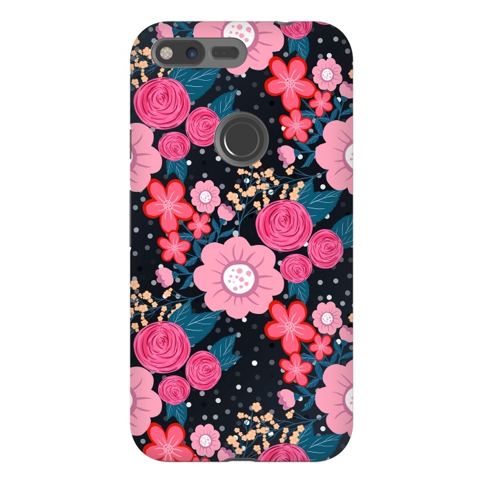 Pixel XL StrongFit Pretty girly pink Floral Silver Dots Gray design by InovArts