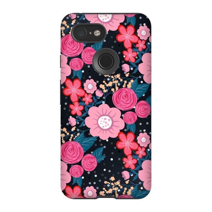 Pixel 3 StrongFit Pretty girly pink Floral Silver Dots Gray design by InovArts