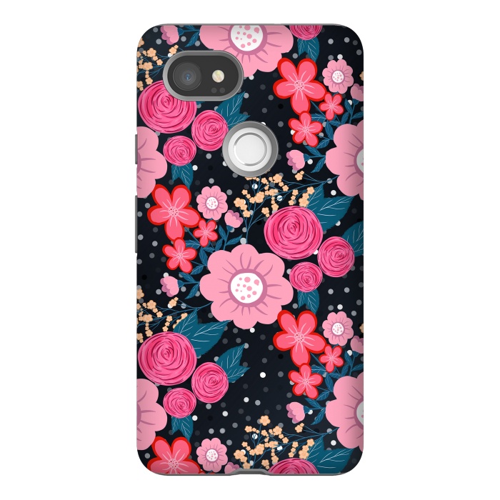 Pixel 2XL StrongFit Pretty girly pink Floral Silver Dots Gray design by InovArts