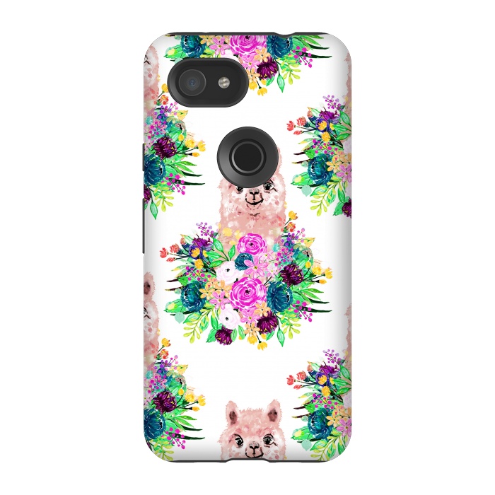 Pixel 3A StrongFit Cute Pink Alpaca and Flowers Watercolor paint by InovArts