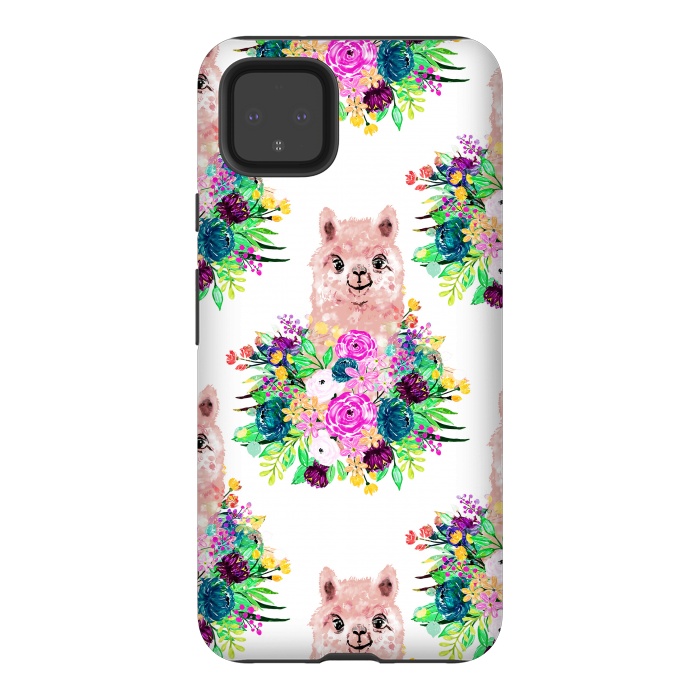 Pixel 4XL StrongFit Cute Pink Alpaca and Flowers Watercolor paint by InovArts