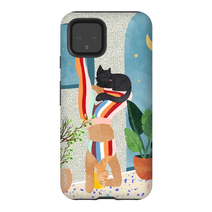 Pixel 4 StrongFit Headstand, Cat Yoga, Active Woman Workout, Eclectic Colorful Pets Terrazzo by Uma Prabhakar Gokhale