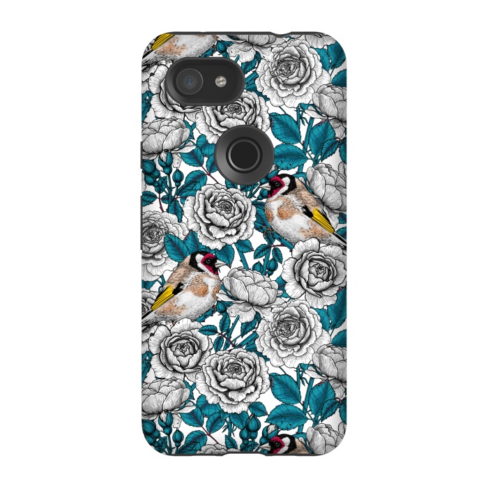 Pixel 3A StrongFit White rose flowers and goldfinch birds by Katerina Kirilova