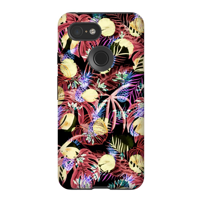 Pixel 3 StrongFit Colourful painted tropical leaves and pineapples by Oana 