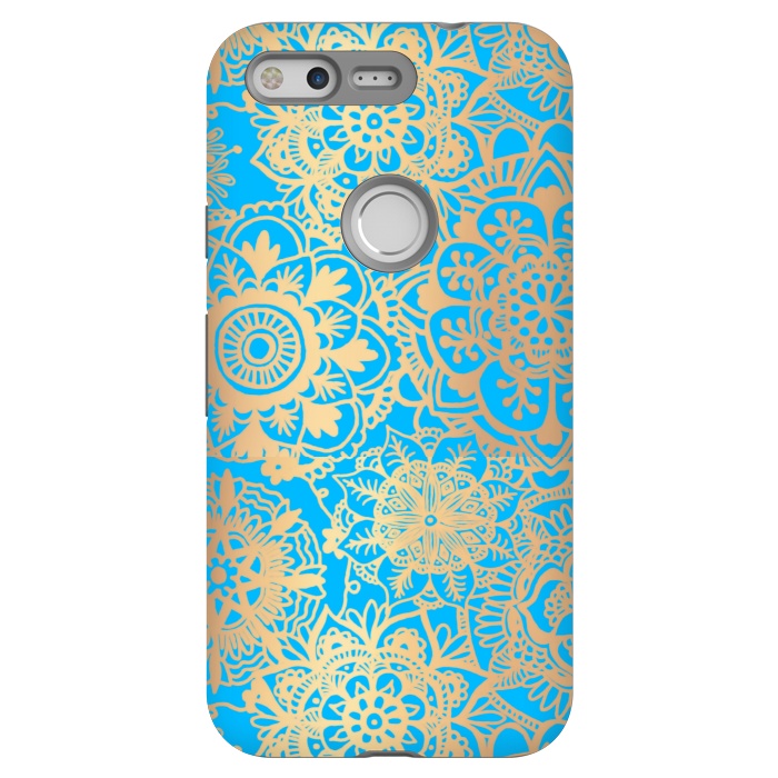 Pixel StrongFit Light Blue and Gold Mandala Pattern by Julie Erin Designs