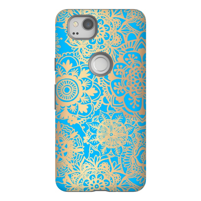 Pixel 2 StrongFit Light Blue and Gold Mandala Pattern by Julie Erin Designs