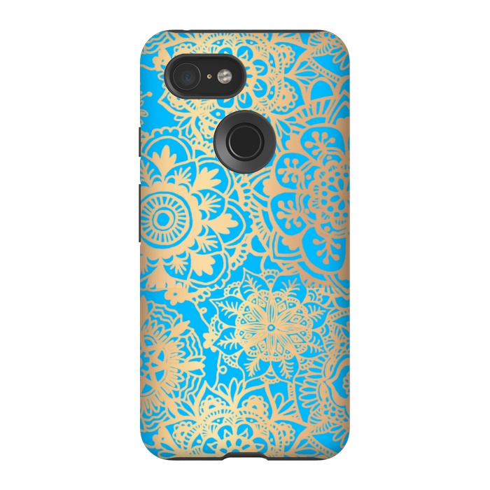 Pixel 3 StrongFit Light Blue and Gold Mandala Pattern by Julie Erin Designs