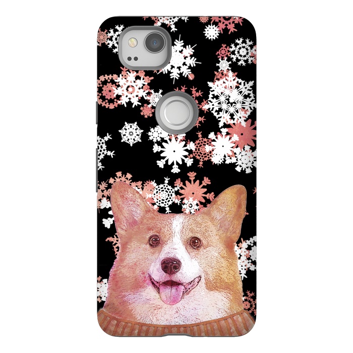 Pixel 2 StrongFit Cute corgi and white rose gold snowflakes by Oana 