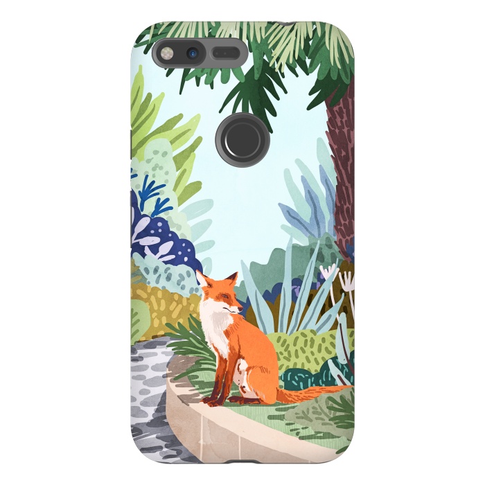 Pixel XL StrongFit Fox in The Garden | Animals Wildlife Botanical Nature Painting | Boho Colorful Jungle Illustration by Uma Prabhakar Gokhale