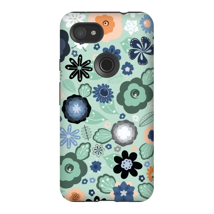 Pixel 3AXL StrongFit Kitsch 70s Flowers in Light Blue by Paula Ohreen