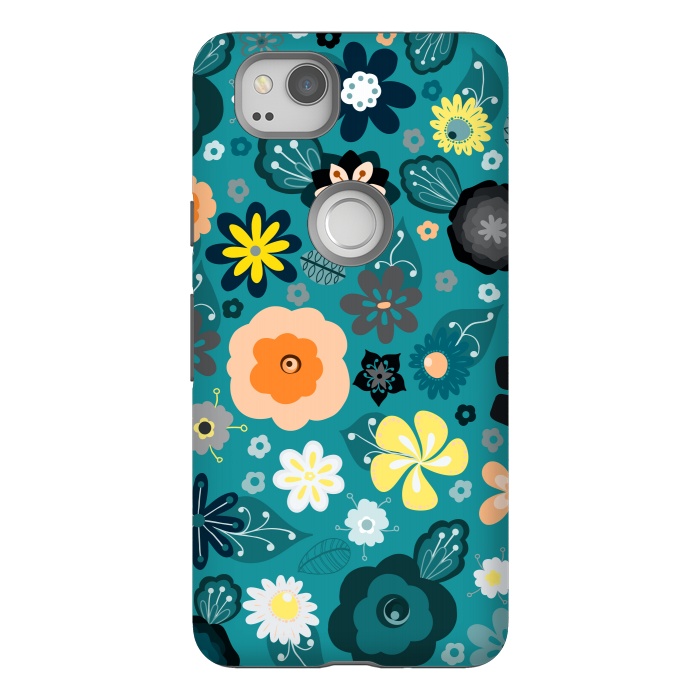 Pixel 2 StrongFit Kitsch 70s Flowers in Classic Blue and Yellow by Paula Ohreen