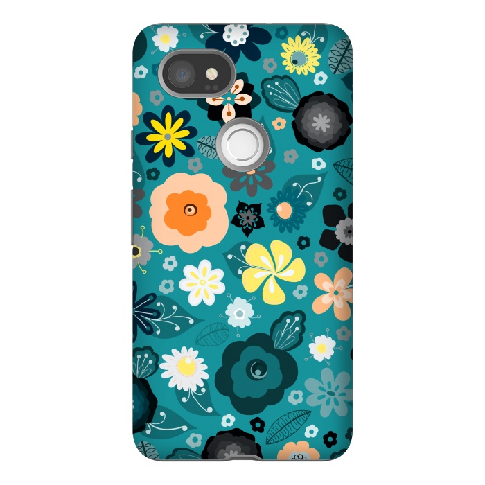 Pixel 2XL StrongFit Kitsch 70s Flowers in Classic Blue and Yellow by Paula Ohreen