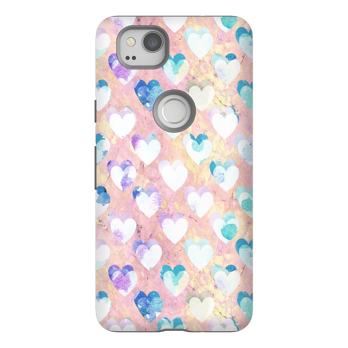 Pixel 2 StrongFit Pastel painted hearts on pink marble Valentine by Oana 