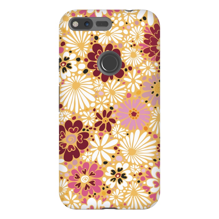 Pixel XL StrongFit 70s Valentine Flowers in Pink, Cream and Yellow by Paula Ohreen