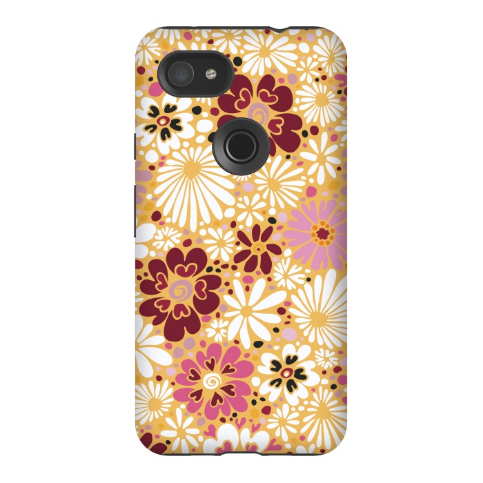 Pixel 3AXL StrongFit 70s Valentine Flowers in Pink, Cream and Yellow by Paula Ohreen