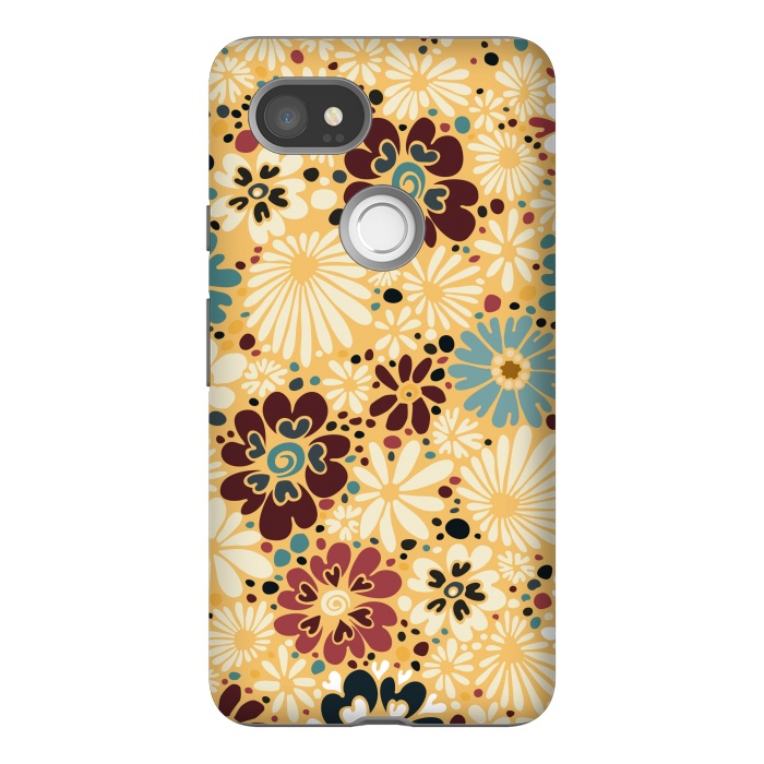 Pixel 2XL StrongFit 70s Valentine Flowers in Blue and Yellow by Paula Ohreen
