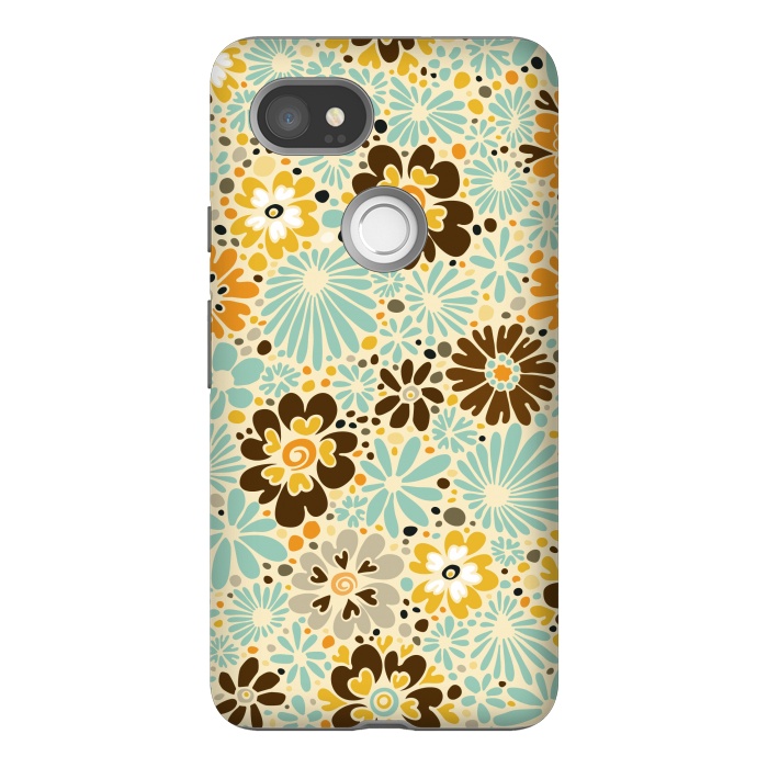 Pixel 2XL StrongFit 70s Valentine Flowers in Orange, Brown and Blue by Paula Ohreen
