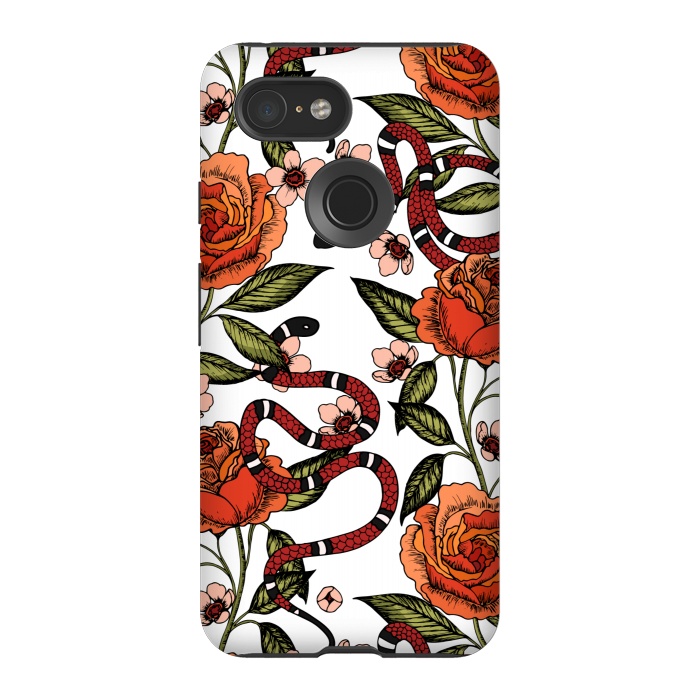 Pixel 3 StrongFit Roses and snake. White pattern by Julia Badeeva