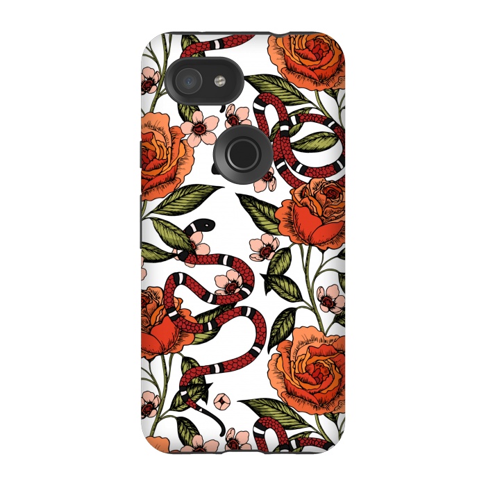 Pixel 3A StrongFit Roses and snake. White pattern by Julia Badeeva