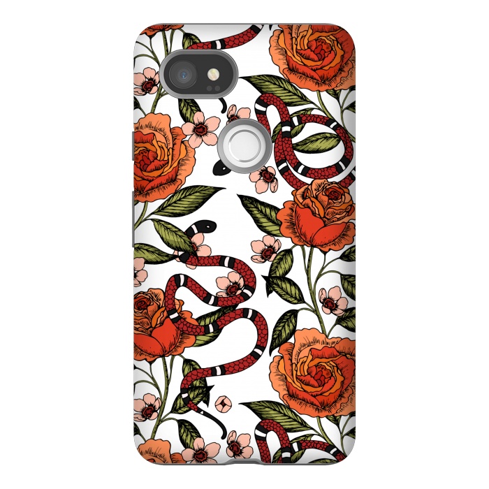 Pixel 2XL StrongFit Roses and snake. White pattern by Julia Badeeva