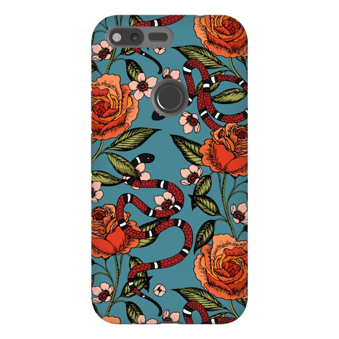Pixel XL StrongFit Roses and snake. Blue pattern by Julia Badeeva