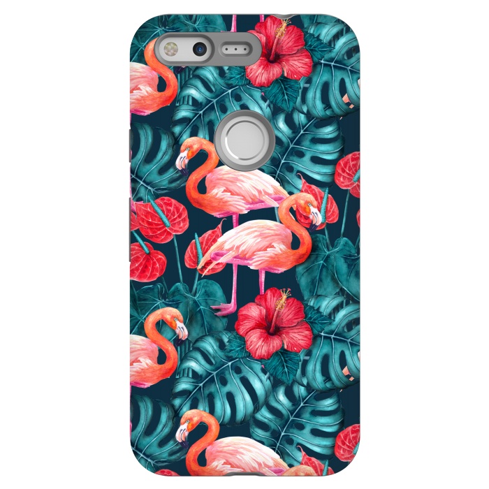 Pixel StrongFit Flamingo birds and tropical garden watercolor by Katerina Kirilova