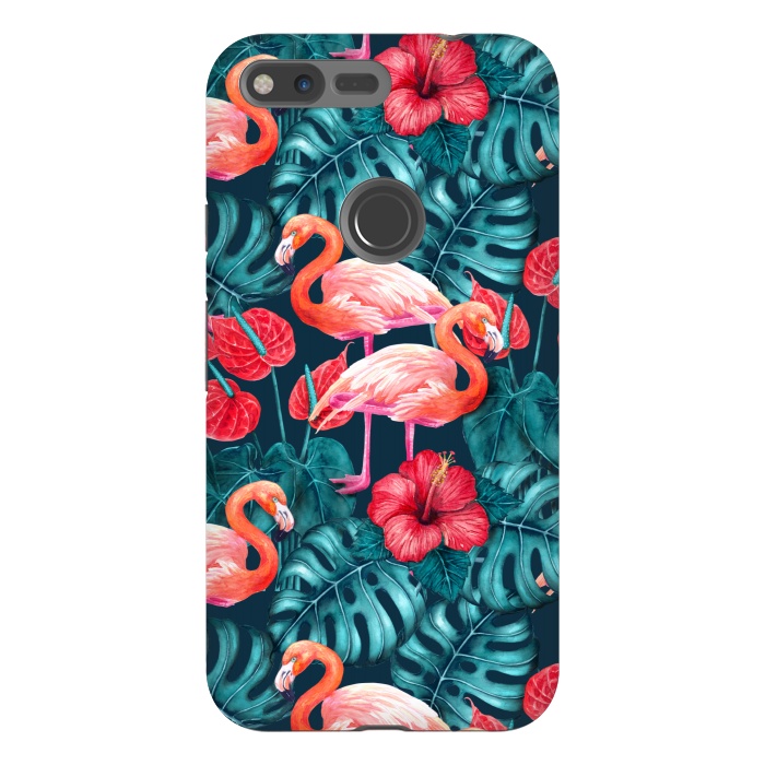 Pixel XL StrongFit Flamingo birds and tropical garden watercolor by Katerina Kirilova