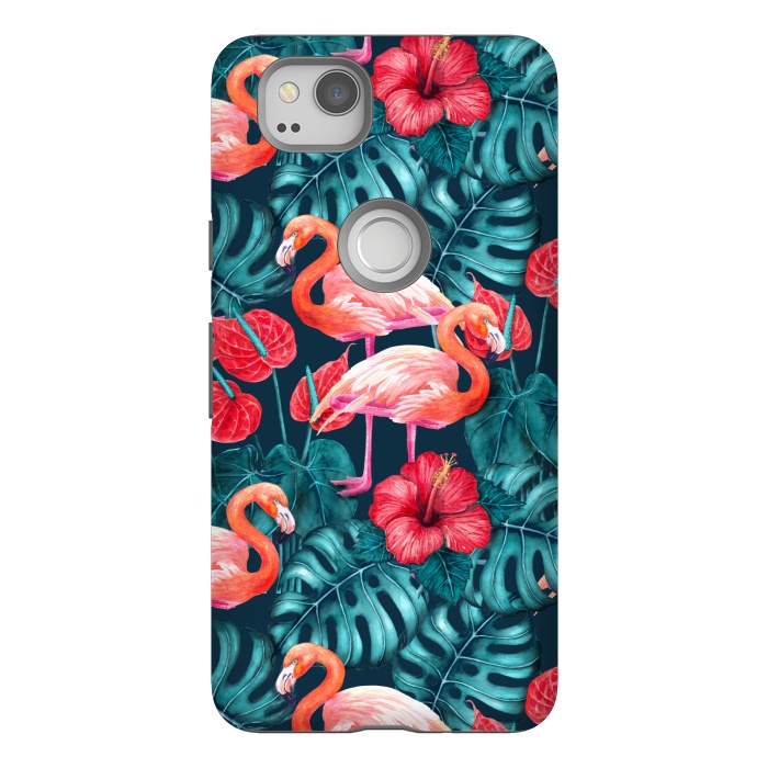 Pixel 2 StrongFit Flamingo birds and tropical garden watercolor by Katerina Kirilova
