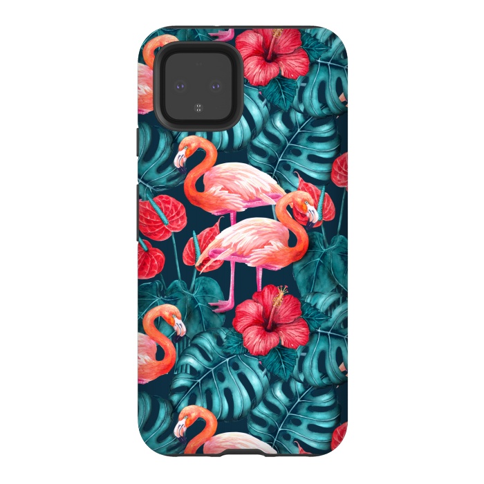Pixel 4 StrongFit Flamingo birds and tropical garden watercolor by Katerina Kirilova
