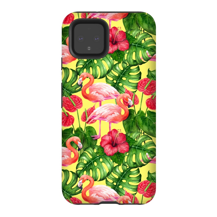 Pixel 4 StrongFit Flamingo birds and tropical garden watercolor 2 by Katerina Kirilova
