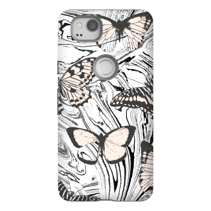 Pixel 2 StrongFit Butterflies and black ink marble by Oana 