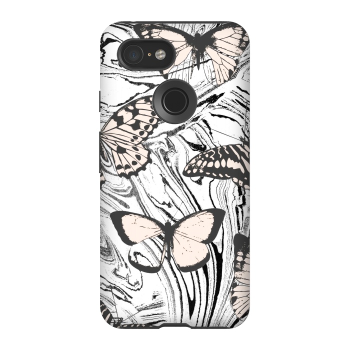 Pixel 3 StrongFit Butterflies and black ink marble by Oana 