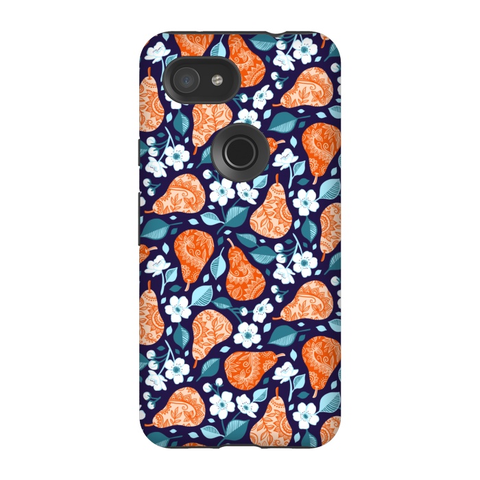 Pixel 3A StrongFit Cheerful Pears in Orange on Navy Blue by Micklyn Le Feuvre