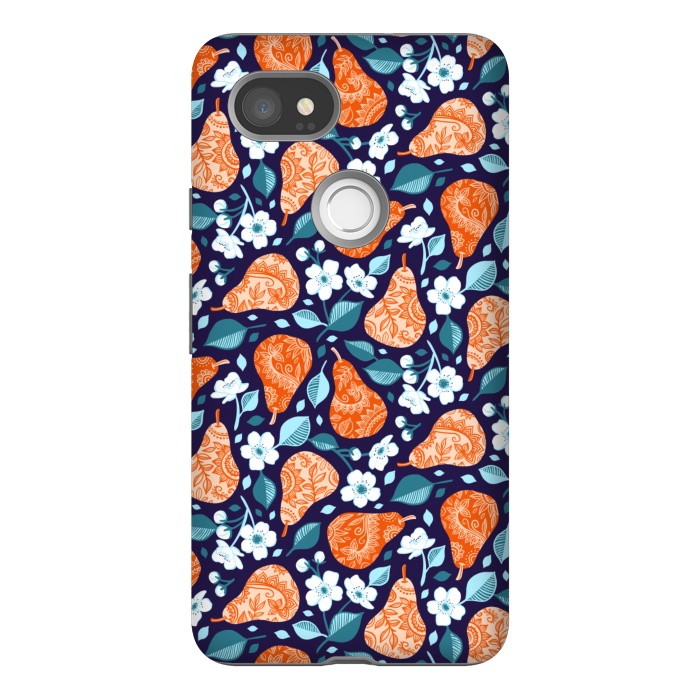 Pixel 2XL StrongFit Cheerful Pears in Orange on Navy Blue by Micklyn Le Feuvre