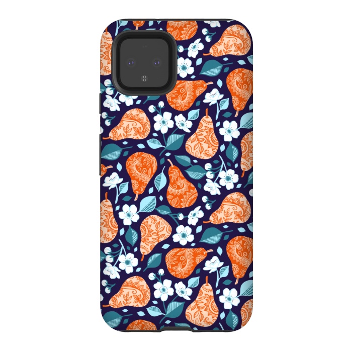 Pixel 4 StrongFit Cheerful Pears in Orange on Navy Blue by Micklyn Le Feuvre