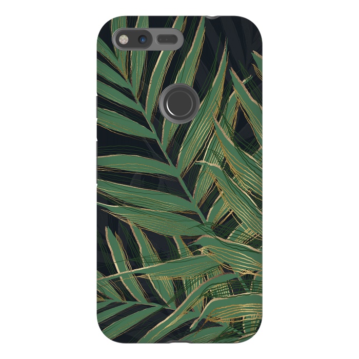 Pixel XL StrongFit Trendy Green Palm Leaves Gold Strokes Gray Design by InovArts