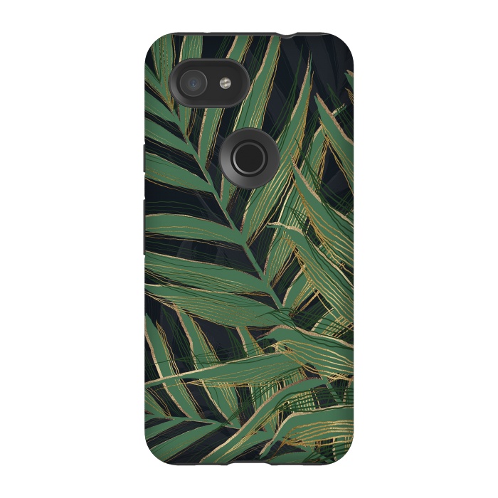 Pixel 3A StrongFit Trendy Green Palm Leaves Gold Strokes Gray Design by InovArts