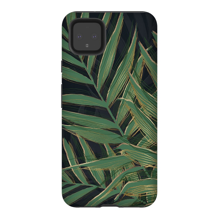 Pixel 4XL StrongFit Trendy Green Palm Leaves Gold Strokes Gray Design by InovArts