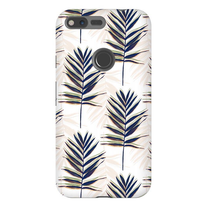 Pixel XL StrongFit Modern Blue Palm Leaves Gold Strokes White Design by InovArts