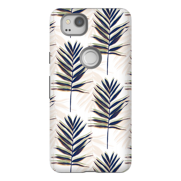 Pixel 2 StrongFit Modern Blue Palm Leaves Gold Strokes White Design by InovArts