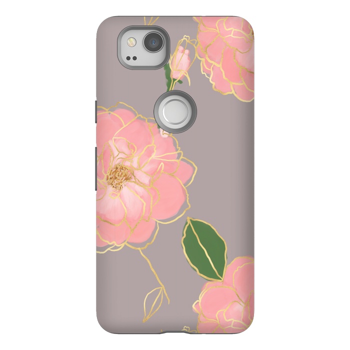 Pixel 2 StrongFit Elegant Pink & Gold Watercolor Roses Gray Design by InovArts