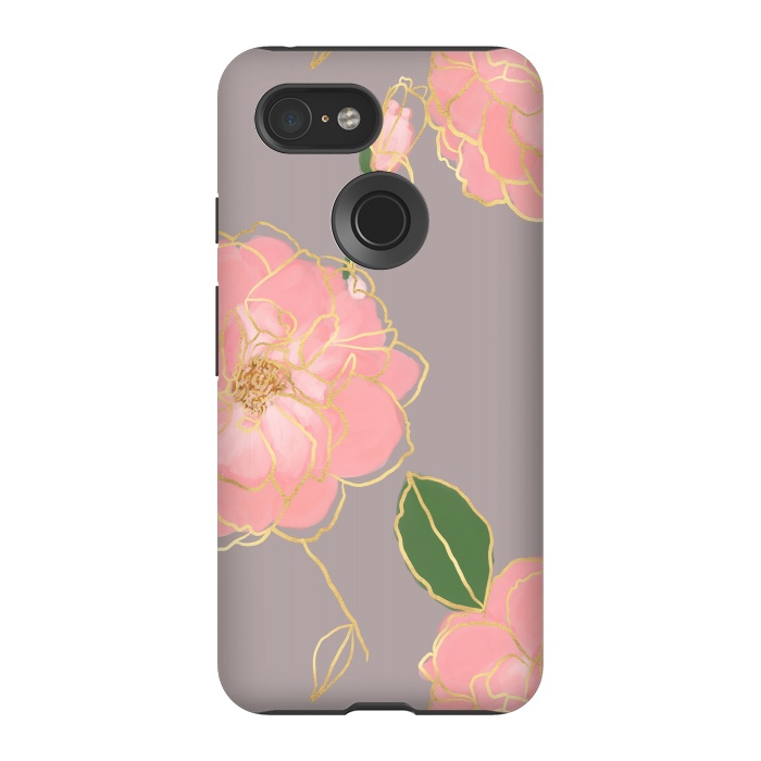 Pixel 3 StrongFit Elegant Pink & Gold Watercolor Roses Gray Design by InovArts
