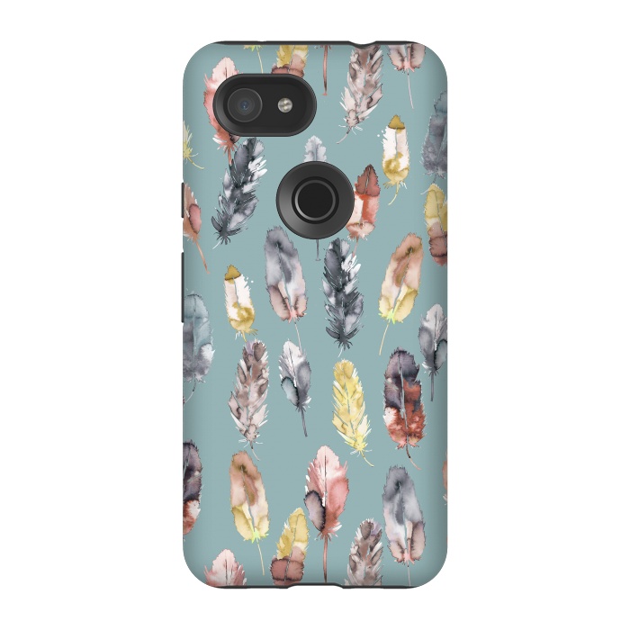 Pixel 3A StrongFit Boho Feathers Watercolor Yellow by Ninola Design