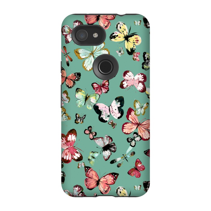 Pixel 3A StrongFit Flying Butterflies Watercolor Teal by Ninola Design