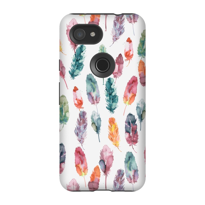 Pixel 3A StrongFit Bohemian Feathers Watercolor Colorful by Ninola Design