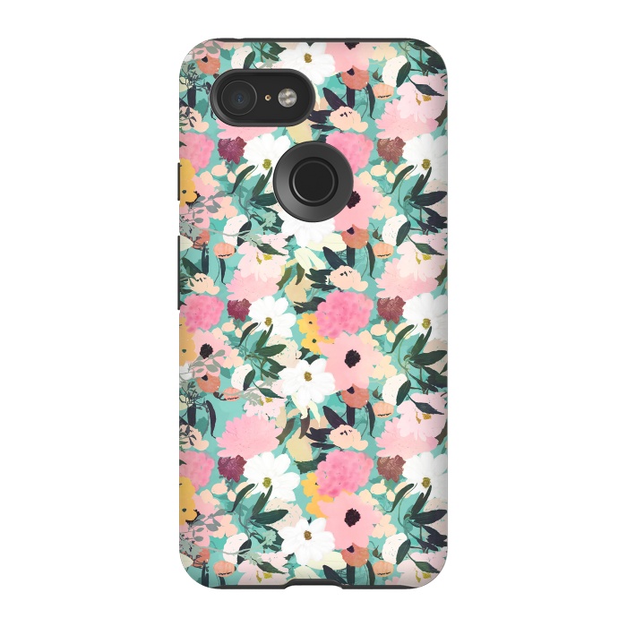 Pixel 3 StrongFit Pretty Watercolor Pink & White Floral Green Design by InovArts